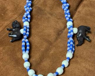 Ceramic Bead Carved Wood Fetish Necklace