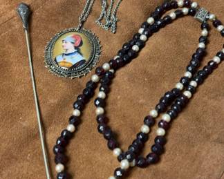 Garnet Cultured Pearl Necklace, Hand Painted Pendant  Hat Pin