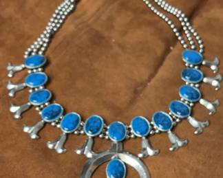 Faux Turquoise Squash Blossom Style Necklace