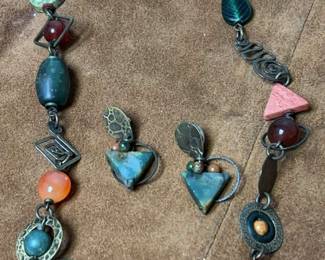 Chunky Necklace Glass, Metal  Stone Beads With Earrings