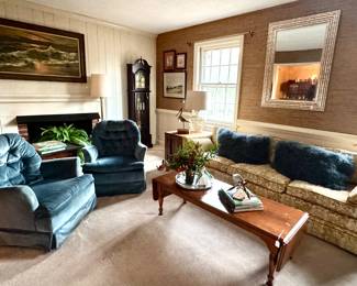 Sears and Robuck early 1970's swivel chairs in pristine condition. Case clock, large scale MCM painting, Drexel side table...