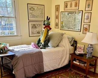 Adorable twin metal bed with like new Mattress Factory mattress/boxspring. MCM side table, blue and white lamps, maps, fun games, toys, puzzles, books, vintage Kilm