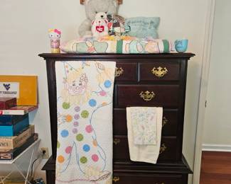 Vintage Kincaid Chest of Drawers, Vintage Clown hand-stitched quilt