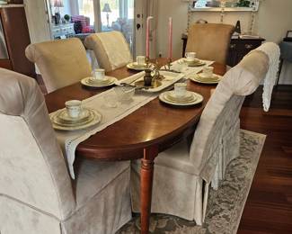 Vintage Dining Table with Leaf - 6 modern upholstered chairs