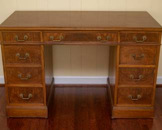 Antique Federal Style Pedestal 9-Drawer Burled Wooden Desk (Possibly Mahogany) with FINISHED BACK just like the front and sides! — 48 wide x 24 deep x 30 tall x opening 21 1/2 wide 24 1/2 tall