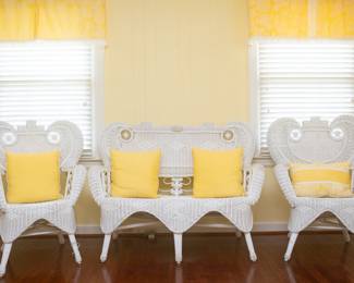 Vintage 1960's Mid Century White Wicker Rattan Set — Vintage white wicker settee 53" wide x 18" high seat (seats are 39 1/2" tall in back) + 2 white wicker chairs 32 wide at the top x 18" high seats (settee is 41 3/4" tall in back)