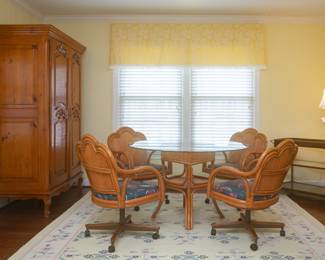 (Same Item as Previous Image) Vintage 5-Piece Bamboo & Rattan Bentwood Dining Dinette Set — Dinette Table 48” x 29 1/2” — 4 Swivel Tilt Caster Chairs — 19 1/4 wide at front x 16.5”-17” seat height x 34” tall in back