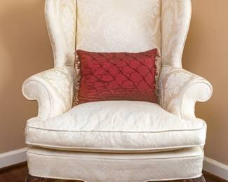 Off-White Armchair by Woodmark Originals in living room
36 wide arm to arm
46 7/8 tall in back
20 1/2 tall to seat