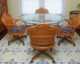 (Same Item as Previous Image) Vintage 5-Piece Bamboo & Rattan Bentwood Dining Dinette Set — Dinette Table 48” x 29 1/2” — 4 Swivel Tilt Caster Chairs — 19 1/4 wide at front x 16.5”-17” seat height x 34” tall in back