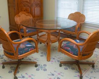 Vintage 5-Piece Bamboo & Rattan Bentwood Dining Dinette Set — Dinette Table 48” x 29 1/2” — 4 Swivel Tilt Caster Chairs — 19 1/4 wide at front x 16.5”-17” seat height x 34” tall in back