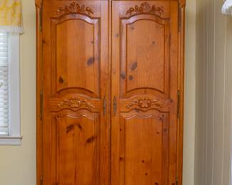 French Country Fine Carved Maple Armoire Wardrobe Cabinet w/Scallop Shell Accent 76 3/4 tall x 48 1/4 wide x 25 1/2 deep (Bottom and Top) x 24 deep in the middle. 2 drawer 48” wide x 25 1/2” deep x 76 3/4” tall. Top shelf 16” to 17 3/4 tall. 2nd shelf from top 16 1/2 tall. Bottom Shelf 18 3/4” tall. Drawers 36 3/4” wide x 3” tall inside.