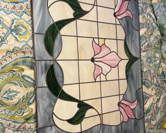 #28	stain glass blue, pink and white 47x34	 $250.00 			
