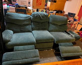 #56	lazyboy blue double recliner with flip arm with cup holder/massage 84 wide - You Move Upstairs (as is recliners)	 $75.00 			
