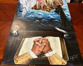 #286	Original painting of USA penny's Angel Union Flag and praying hands on bible 	 $150.00 			
