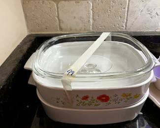 #99	3 piece pyrex dish with lid	 $30.00 			
