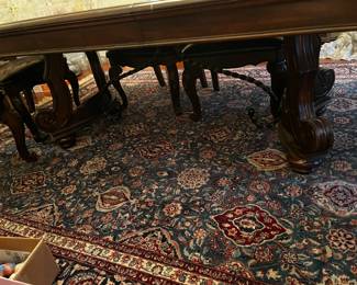 #34	heavy dining table 72-108x45x30nwith double trussell and 6 chairs 2 leaves (as is seat of chairs 	 $275.00 			
#321	Green hand knotted 10x12 oriental rug	 $200.00 	SOLD RUG		
