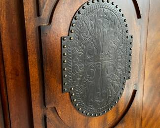 #1	queen Ashley high back bed frame with foot board leather design on back 	 $200.00 			
