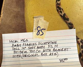 #85	MCM 1963 Pebbles Flintstone Doll 14" Soft Body FS 14  by Ideal Toy Co. With Blanket with original box as is	 $85.00 			
