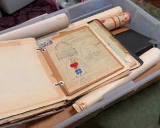 A bin of Scandinavian stencils, patterns, and personal artwork, from mid 20th century