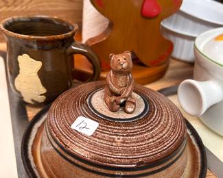 pottery bear butter/cheese dish, mug