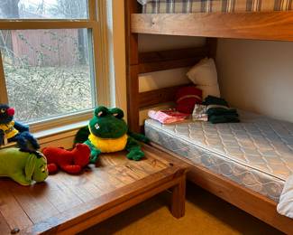 wood coffee table, bunk beds, pillows, more