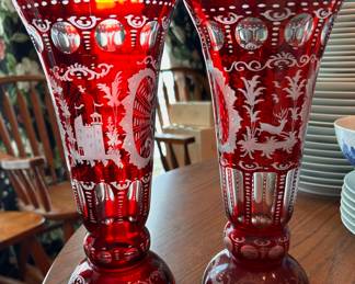 antique (mid 19th century) Bohemian cut to clear ruby vases
