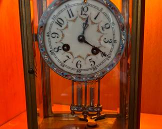antique brass and glass French champleve clock