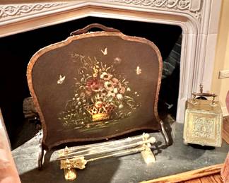 Antique English hand painted fire screen and brass fireplace tools and coal scuttle