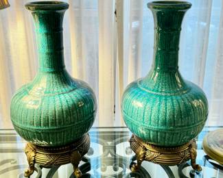 Chinese turquoise vase on base, one of pair
