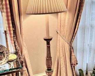 Italian hand painted and parcel gilt alter candlestick as floor lamp
