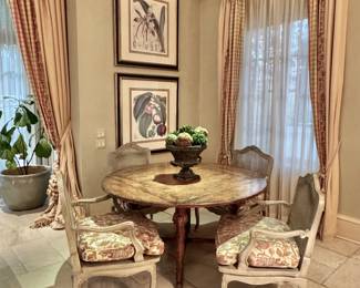 18th/19th c. folding oak table with carved hoof feet, Louis XV Recency style cane chairs with custom seat cushions, set of 6