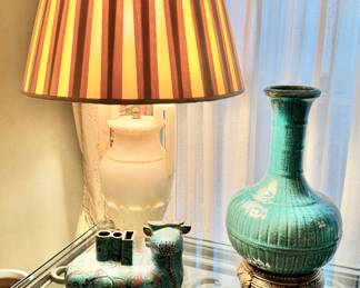 Cloisonné incense burner, alabaster lamp, Chinese turquoise vase on base, one of pair