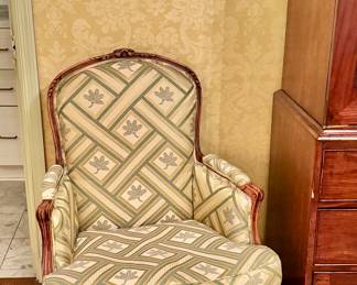 Custom upholstered Louis XV down chairs, one of pair 