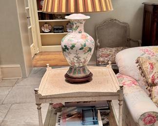 Custom faux painted two tier end table, famille rose lamp, one of pair