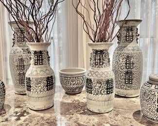 Chinese blue and white temple vases, double happiness vases, covered jars