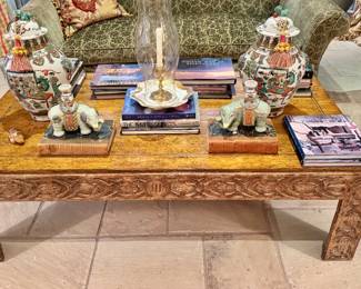 Rustic carved coffee table, Asian porcelain decorative accessories 
