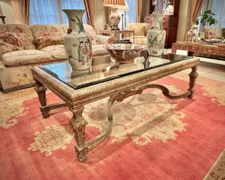 Custom faux painted carved coffee table with beveled glass top