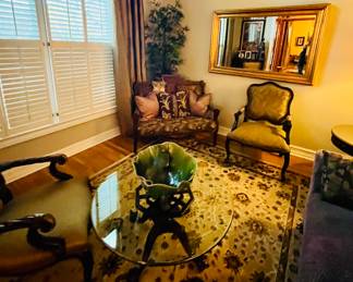 Settee, sofa, accent chairs, cocktail table rug 