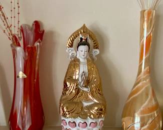 Oread 1970s Art Glass, Japan.  1950s Guan Yin Ceramic Sculpture, Murano style glass vase