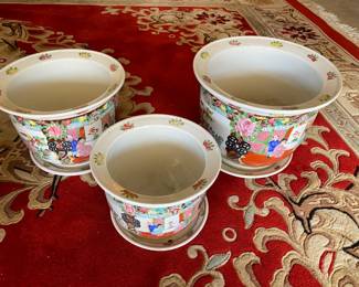 Stacking Chinese Qing Dynasty Famille Red Rose Style Planters w/ Matching Plates