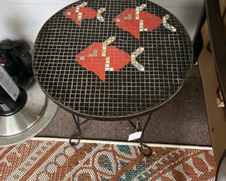Fish Tile wrought iron side table, rug