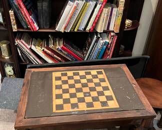 Vintage small wooden game table, accessories