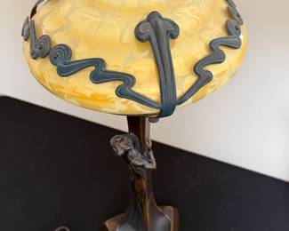 2pc Art Nouveau Figural Bronze & Glass Lamps Gustav Gurschner Attributed