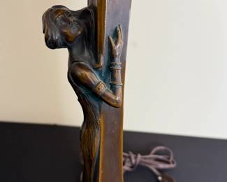 2pc Art Nouveau Figural Bronze & Glass Lamps Gustav Gurschner Attributed