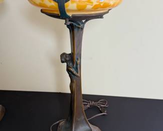 2pc Art Nouveau Figural Bronze & Glass Lamps Gustav Gurschner Attributed