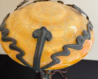 2pc Art Nouveau Figural Bronze & Glass Lamps Gustav Gurschner Attributed