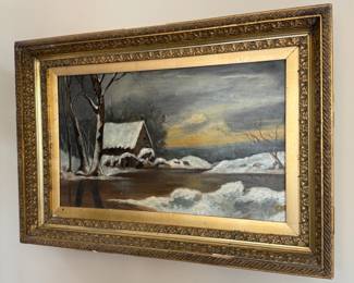 Antique Oil Painting KJT Snowy House