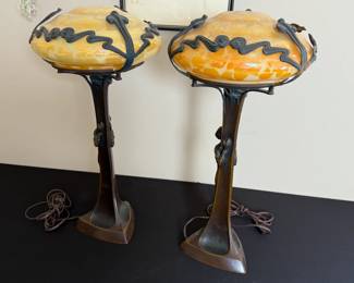 2pc Art Nouveau Figural Bronze & Glass Lamps Gustav Gurschner Attributed