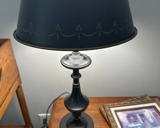 Black vintage Tole candle stick lamp. Painted heavy metal antique lamp.