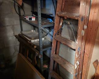Ladders and metal shelves.